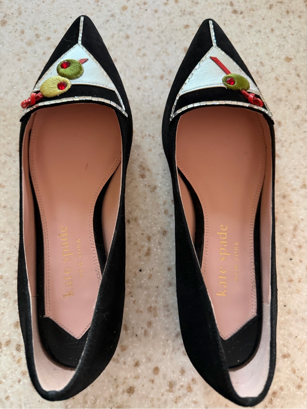 kate spade Black Pointed Toe Flats with Olive and Red Embroidery
